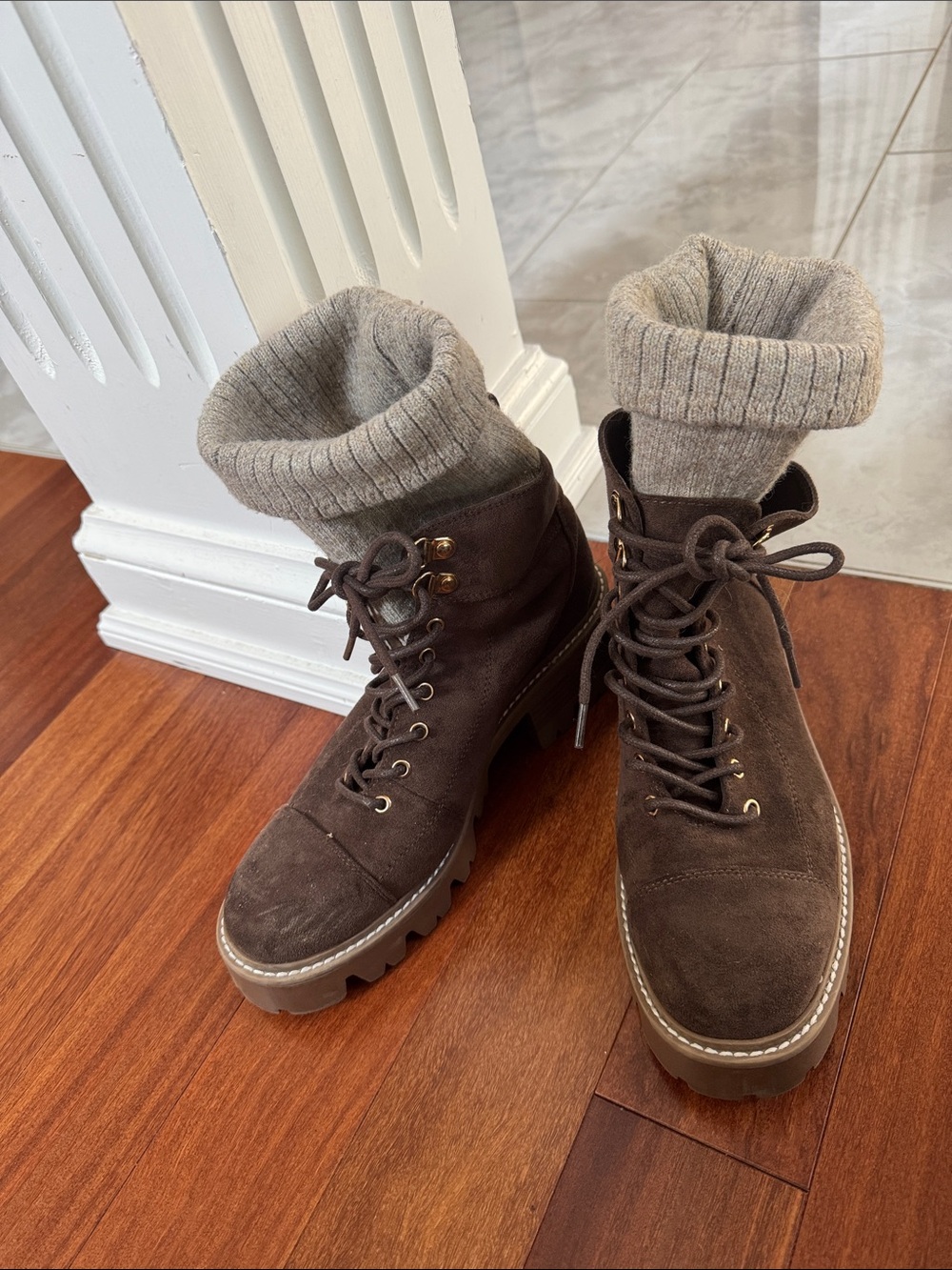 Women’s Brown Suede Lace-Up Ankle Boots with Knit Cuff